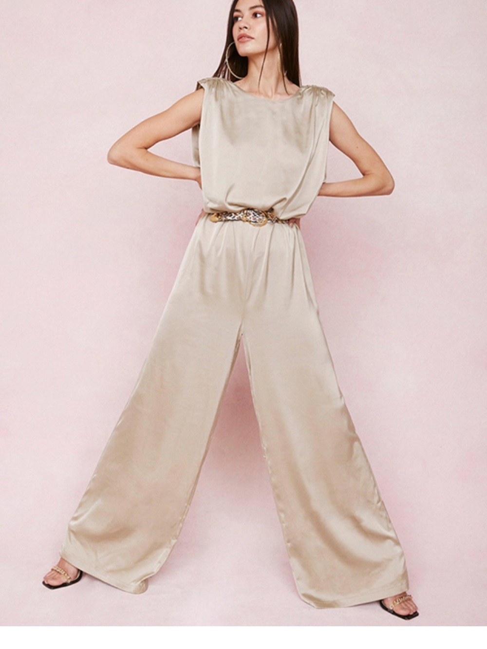 Nasty Gal Satin Shoulder Padded Wide Leg Jumpsuit Champagne Size 10 NWT